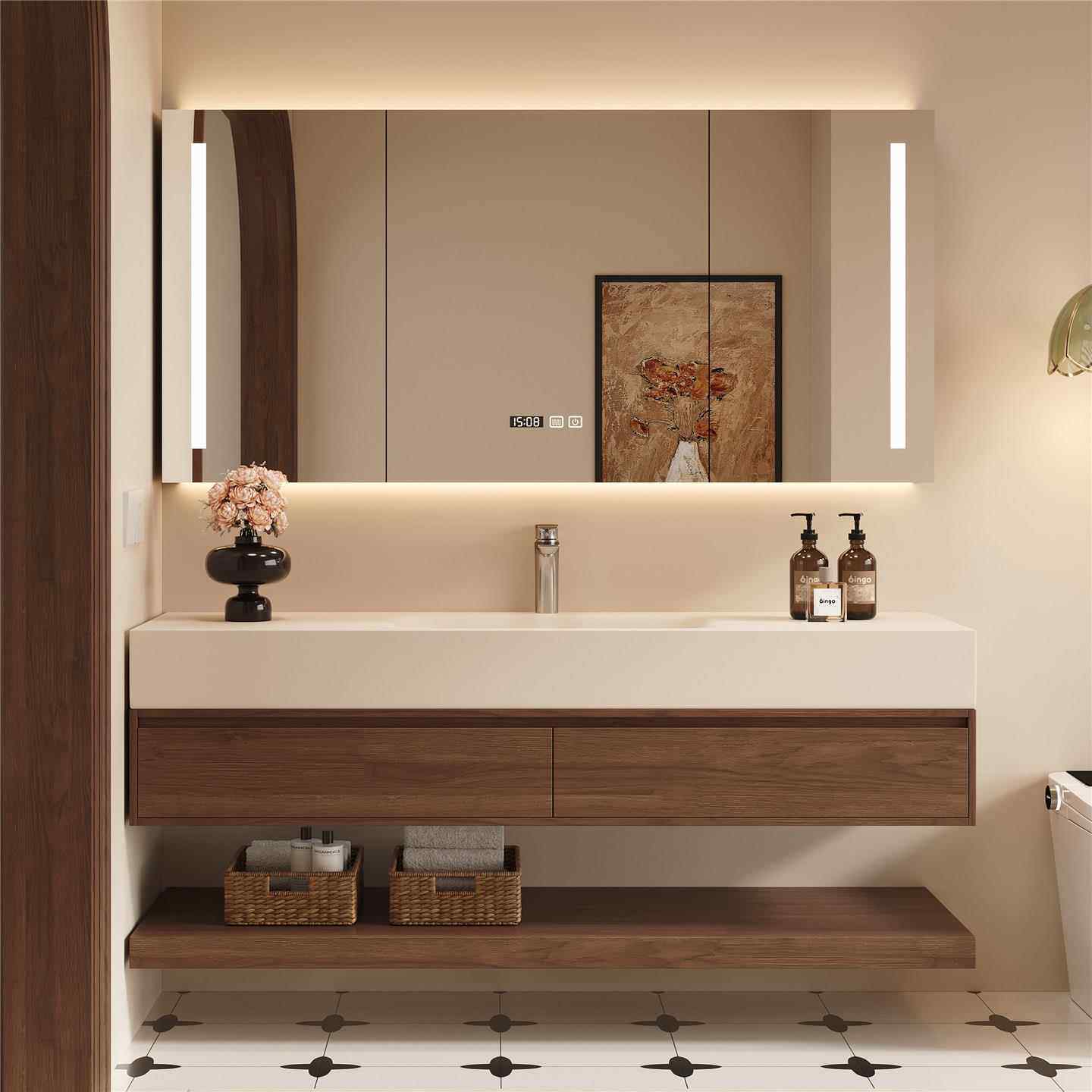 新款中古风胡桃木色实木浴室柜组合卫生间智能洗手洗脸盆柜组合