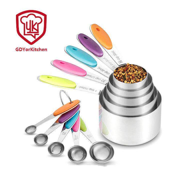 新款厨房硅胶量杯量勺套装彩色不锈钢量匙10件套烘培工具现货