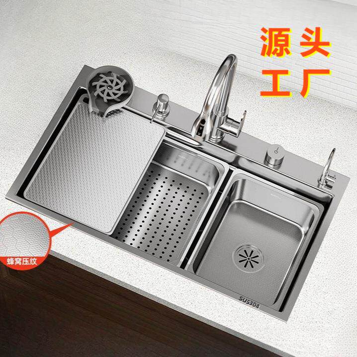 5.0特厚食品级304不锈钢水槽厨房大单槽蜂窝压纹左右下水洗菜碗盆