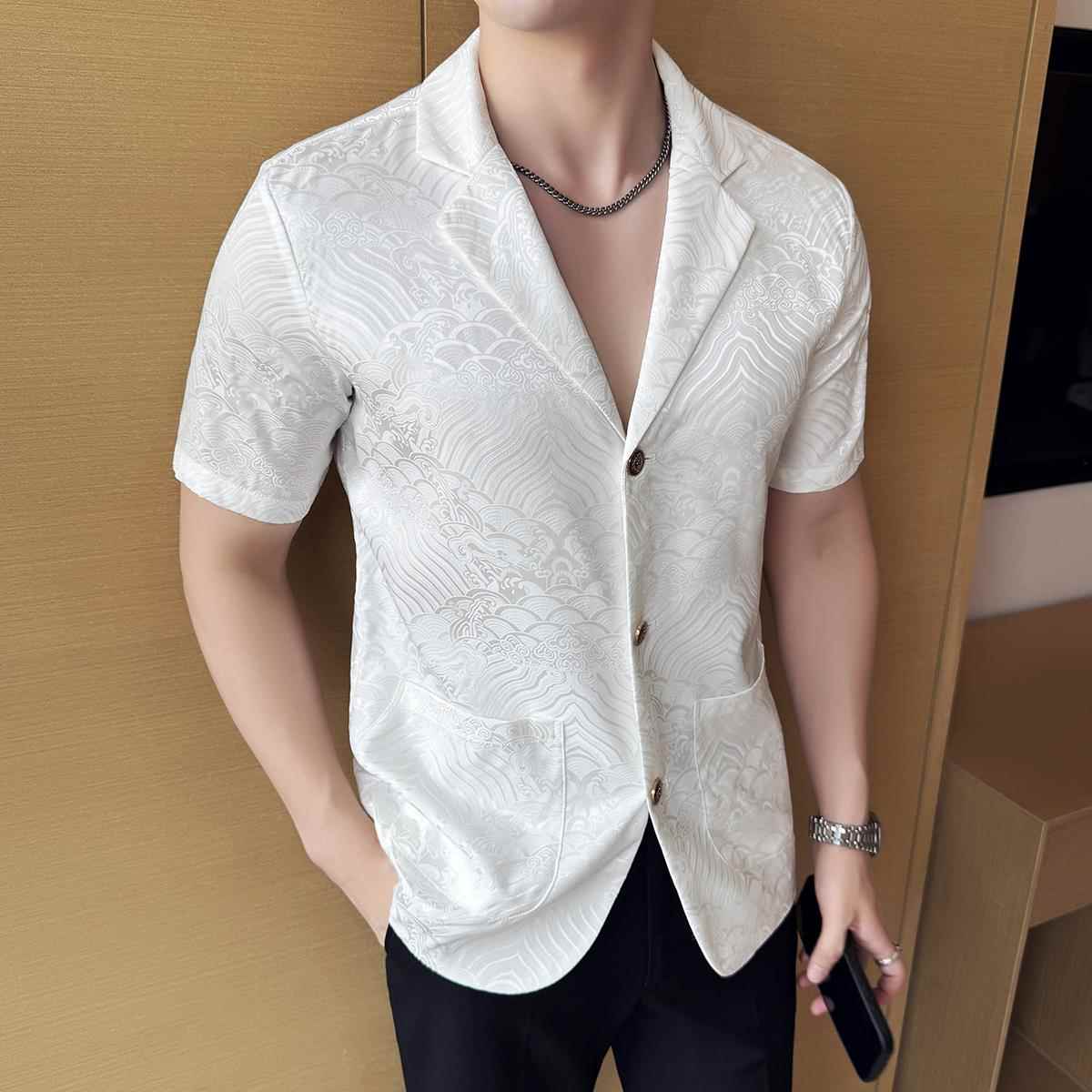 高端冰丝短袖西装男外套夏季薄款韩版修身帅气时尚印花西服上衣潮