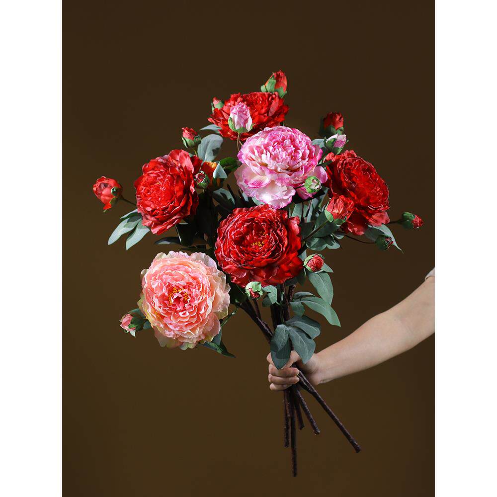 红色牡丹人造花装饰装饰品客厅高端花束单朵插花塑料花模彷干花艺
