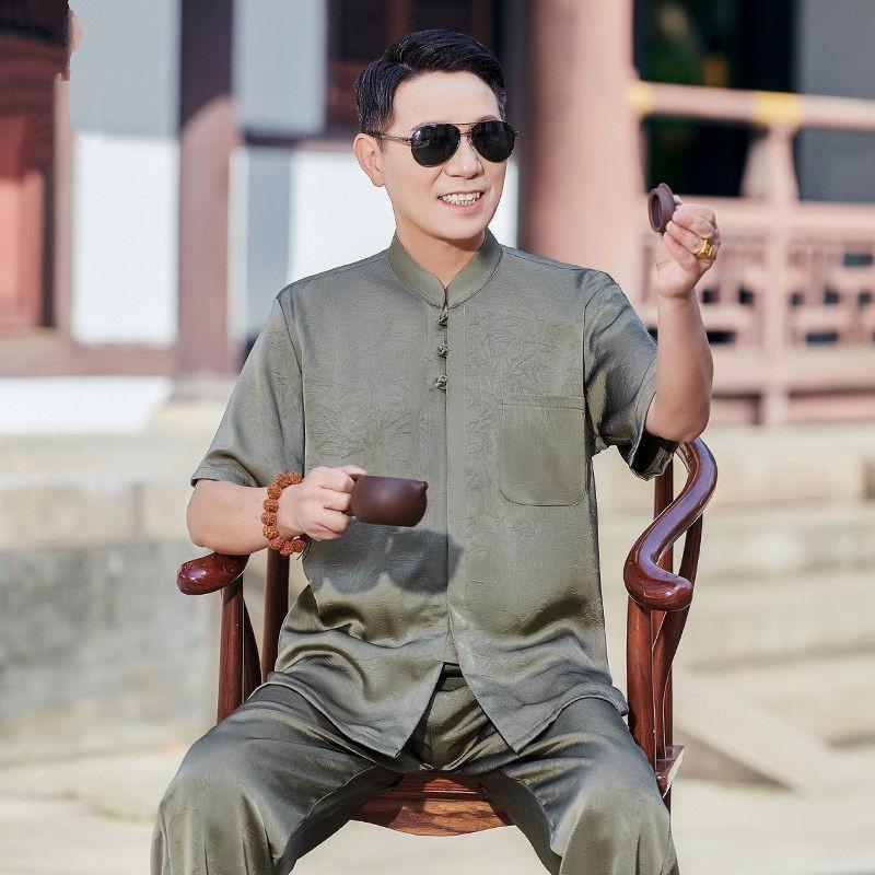 中国风唐装短袖衬衫套装男2026夏季冰丝中老年新中式爸爸爷爷男装