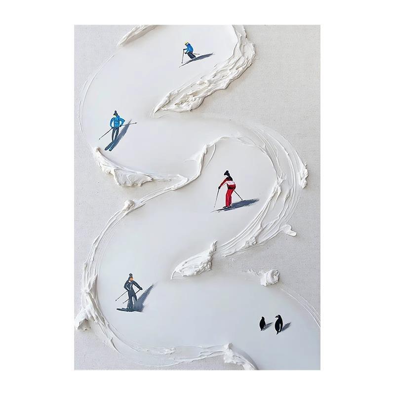 奶油风手绘油画客厅装饰画抽象立体厚肌理玄关滑雪卧室挂画高级感