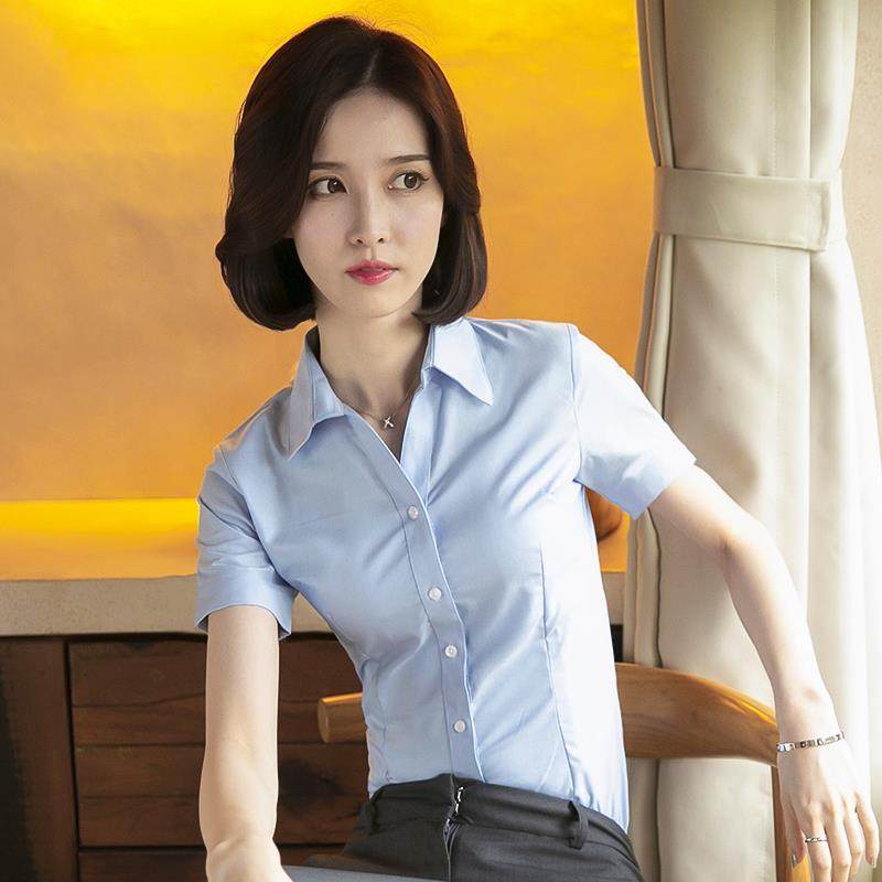 高档立领白衬女短袖职衫业工装夏小新款设计感众工作服v领季正装
