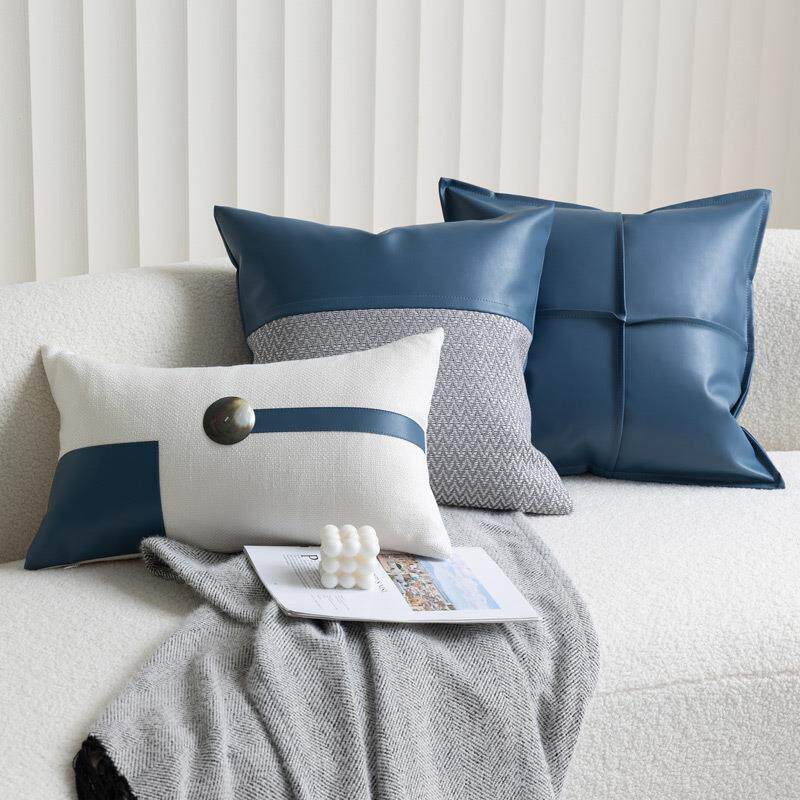 现代简约亮蓝色PU皮抱枕客厅沙发靠枕样板间装饰靠垫长方形腰枕套