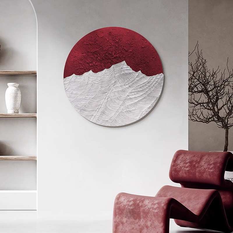 新中式立体玄关装饰画圆形无框画手绘肌理挂画现代简约高级感壁画图片