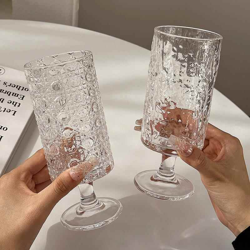 高脚果汁玻璃杯家用高颜值树纹直筒创意透明果茶气泡水杯鸡尾酒杯