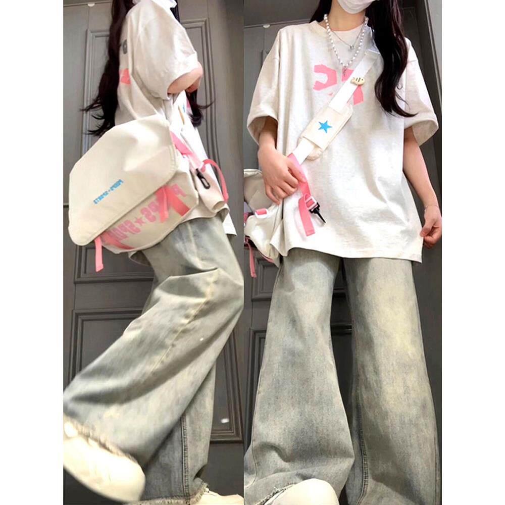 秋季直筒牛仔裤女美式高街黄泥色阔腿秋2025季宽松高腰微喇叭长裤