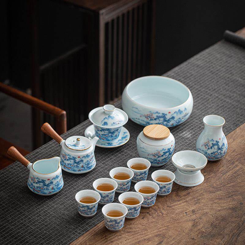 青瓷侧把壶功夫茶具套组家用客厅陶瓷山水盖碗茶杯简约办公室泡茶