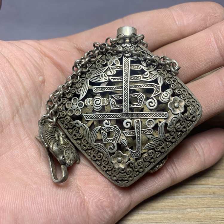 仿古古玩古董银器 福寿银香囊镀银精铸镂空雕刻精美复古装饰银器