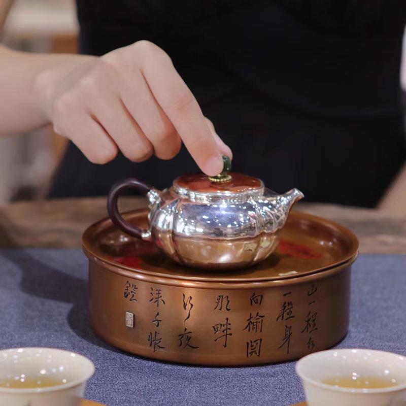 日式铜壶承手工锤纹紫铜复古建水加厚茶洗干泡台壶托大号茶具配件