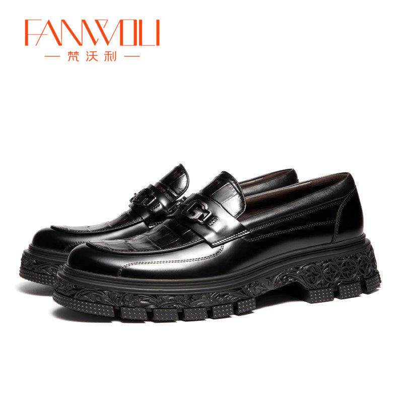 梵沃利新款休闲皮鞋厚底增高英伦真皮圆头潮流百搭男鞋商务乐福鞋