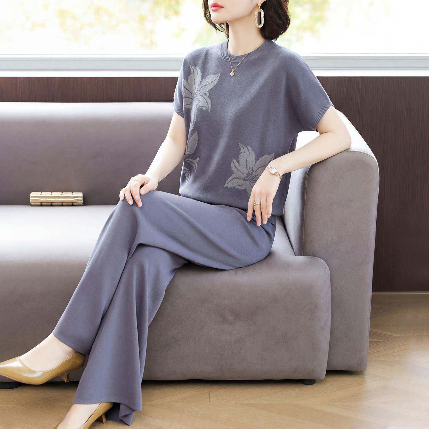 母亲节妈妈夏装真丝短袖两件套2026新款中老年女装针织阔腿裤套装
