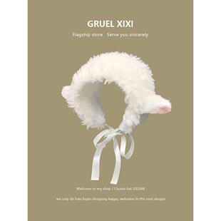 婴儿红色喜庆帽子日系软萌可爱羊羔绒帽子女秋冬季保暖小羊耳朵绑