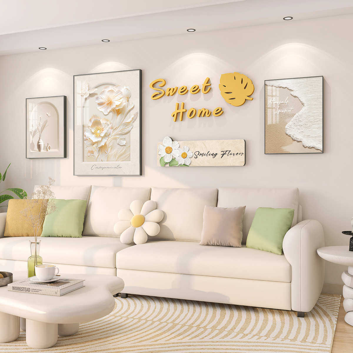 北欧奶油风客厅装饰画沙发背景墙挂画高级感绿植小清新墙壁画组合,家居饰品,现代装饰画,淘宝优惠券,粉丝福利购,淘宝优惠卷