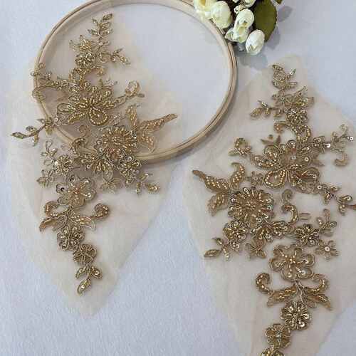 金色手缝贴花珠子钉珠花朵刺绣蕾丝对花片 婚纱礼服DIY辅料G5