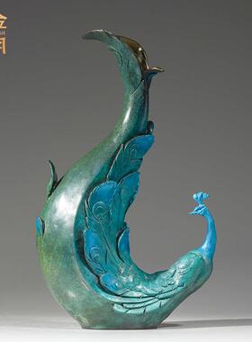 铜艺坊孔雀花瓶铜金属摆件古玩凤凰花瓶彩铜器装饰品客厅玄关摆件