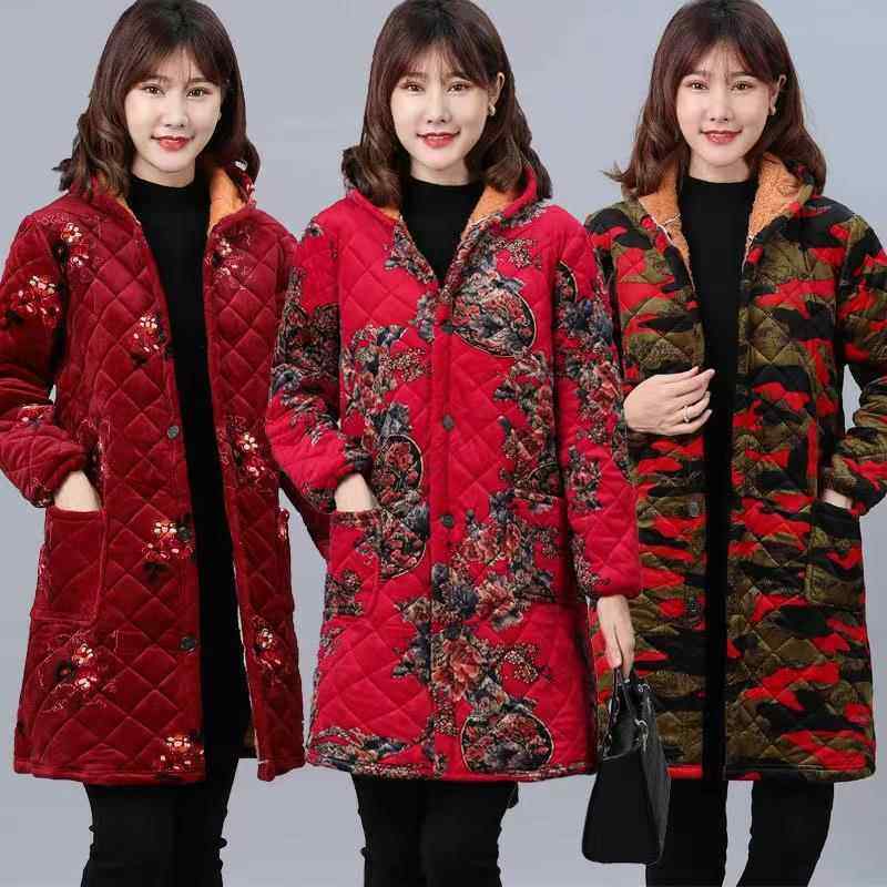 加绒加厚罩衣妈妈中长款中老年女棉衣保暖工作服外套棉袄四川省服