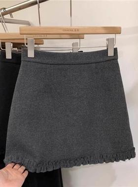 灰色半身裙2026夏季高腰a字包臀裙花边拼接显瘦短裙小个子0107k