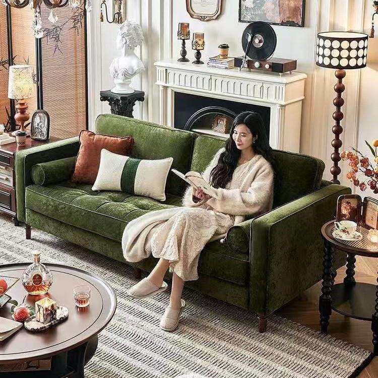 法式布艺沙发三四人位直排绿色雪尼尔面料复古客厅单人沙发家具