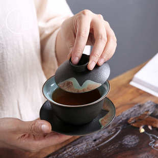 陶瓷家用泡茶碗 粗陶手工釉画彩三才盖碗复古 功夫茶具茶道敬茶杯