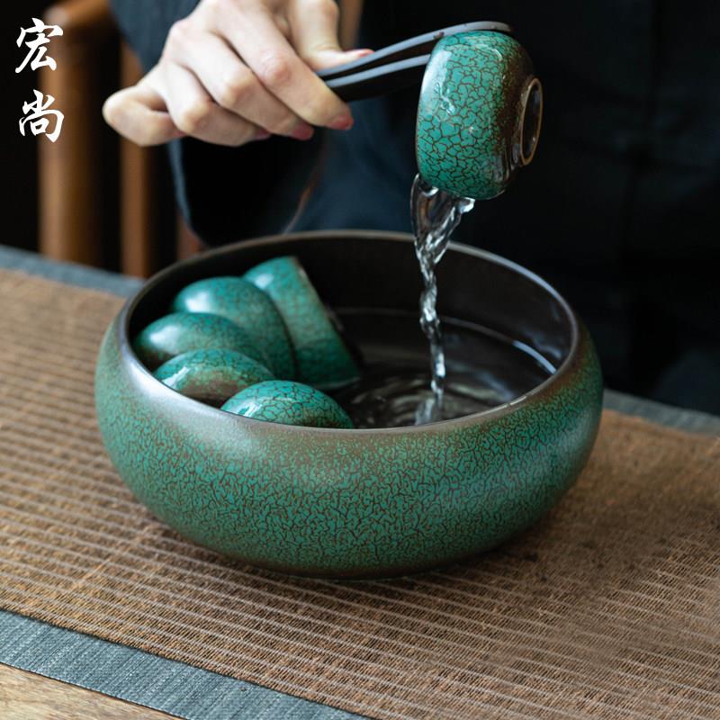 覆古绿釉茶洗大号家用养功夫茶具陶瓷茶具配件水盂杯洗茶渣缸水洗