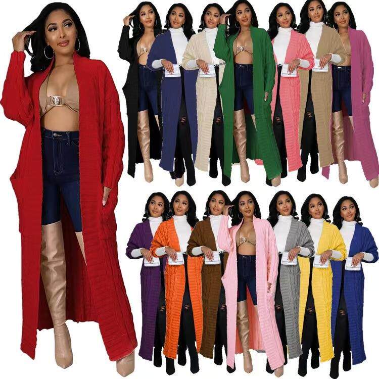 跨境爆款麻花口袋秋冬新品亚马逊欧美女装时尚性感休闲长款17个色