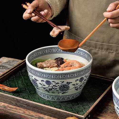 密胺覆古青花面馆专用面 面碗老关中油泼面大老碗塑料钵钵鸡碗调