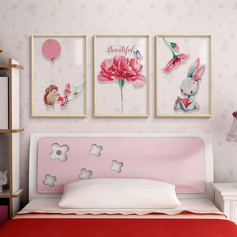 起贝家现代儿童房粉色透明装饰画卡通可爱动物挂画公主房床头壁画图片