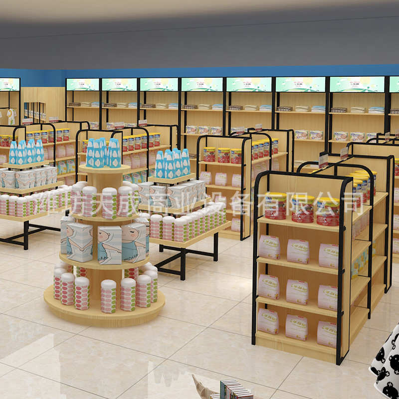 工厂供应钢木货架文具店货架 母婴店超市双面钢木货架孕婴店货架