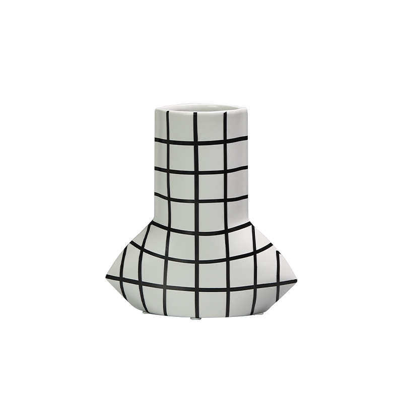 家居花不规则家居客厅博西黑白高脚格棋盘 釉面法式器装饰品花瓶