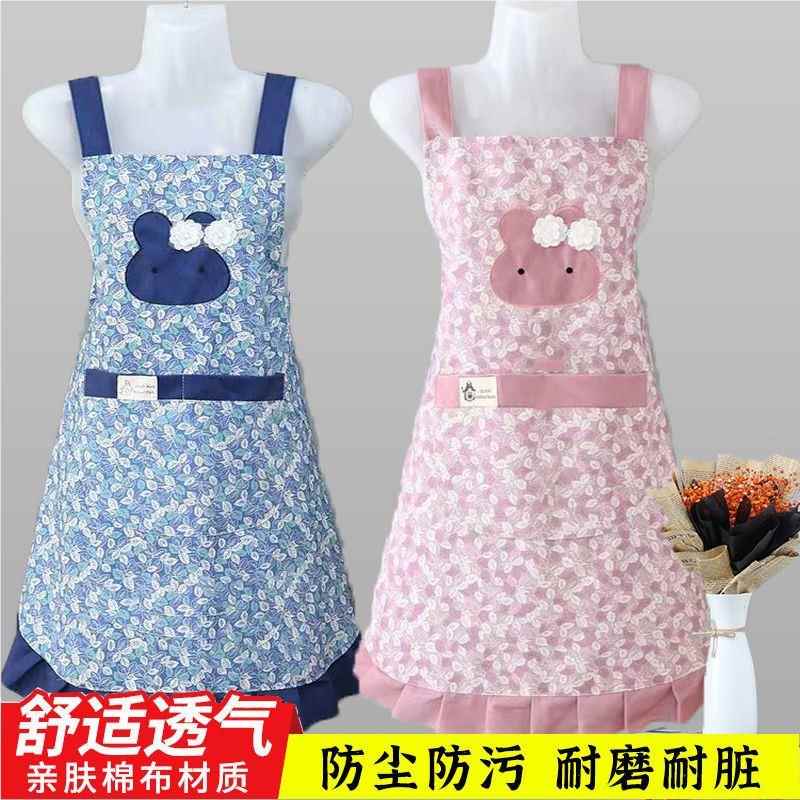 韩版时尚围裙女棉色麻家务无袖绿纯棉通卡厨房做饭用防GAU油污家