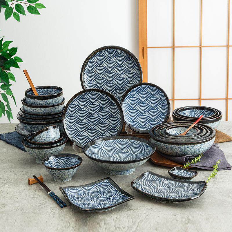 陶趣居青海波盘子釉下彩餐盘日本进口日瓷餐具家用饭碗陶瓷汤面碗