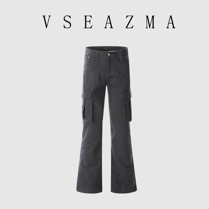 VSEAZMA美式复古多口袋工装微喇工装裤男女潮牌弹力修身显瘦长裤