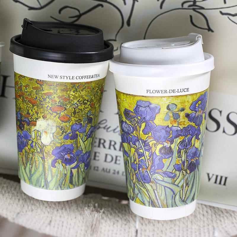 商家用冷热饮双层奶茶纸杯330ml咖啡杯一次性带盖油画双淋膜中空
