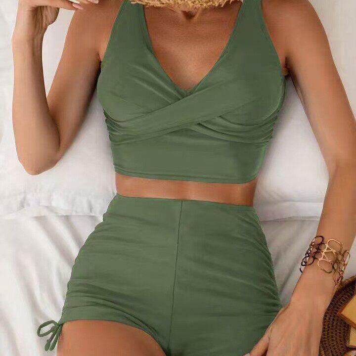 Cross pleated sleeveless split swimsuit交叉褶皱无袖分体泳衣