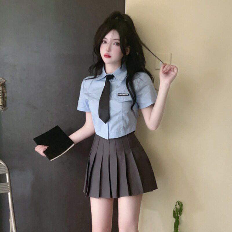 夏季蓝色衬衫女小个子短袖学生制服纯欲衬衣领带学院风上衣短款