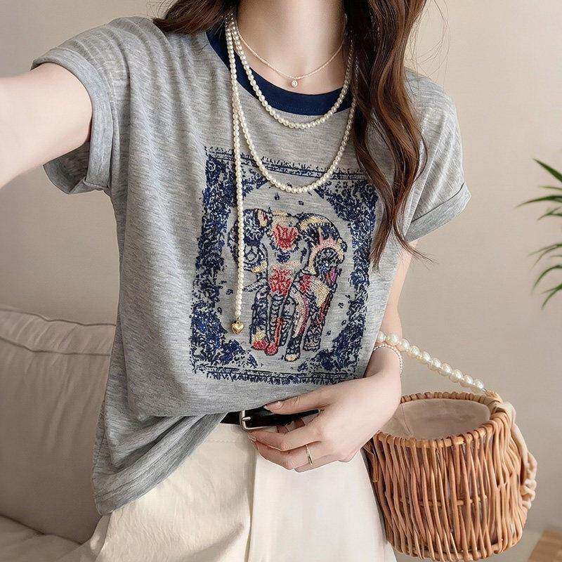 ROUJE ESVIP法式复古印花短袖T恤女夏宽松圆领拼色高级感冰丝上衣