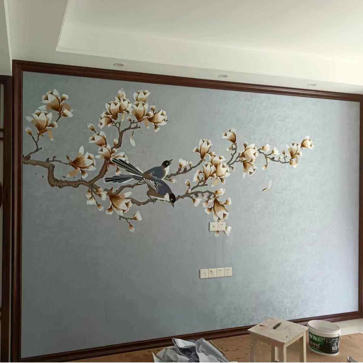 独绣刺绣花鸟墙布背景客厅沙发卧室无缝壁布玉兰新中式壁画新款