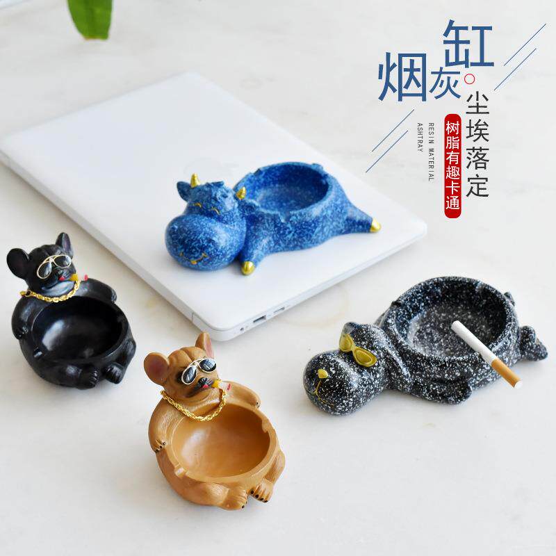 现代家用可爱卡通动物牛家居创意法斗客厅个性潮流烟灰缸摆件