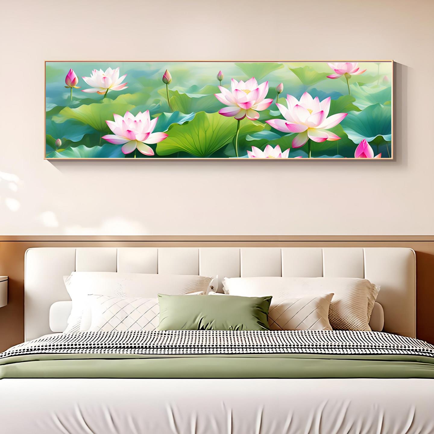 现代简约荷花荷叶卧室装饰画原木风禅意静心床头背景挂画横版壁画