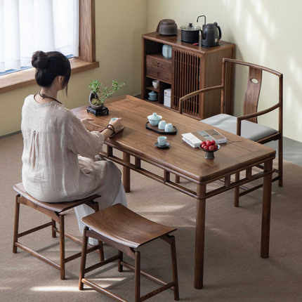 杪轩新中式黑胡桃木茶桌椅小户型实木原木书桌家用阳台茶台