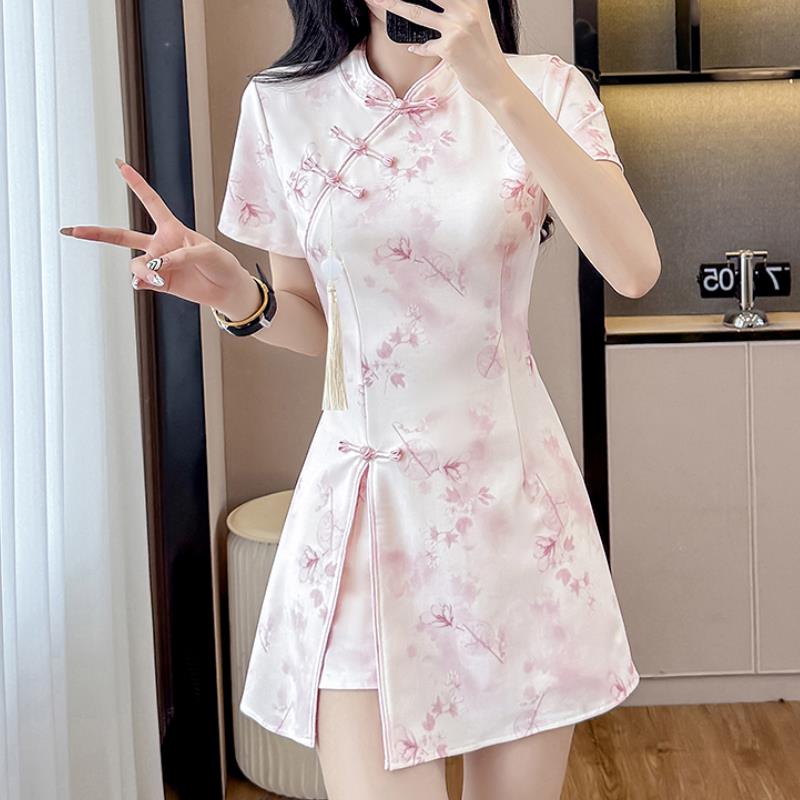 2026国风花色短袖旗袍新中式养生会所足疗按摩工作服裙装两件套女