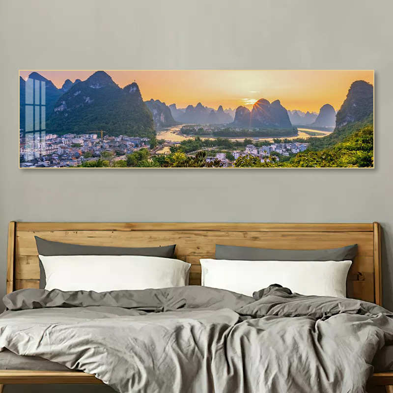 新中式桂林山水甲天下挂画落日卧室床头横版装饰画客厅书房壁画