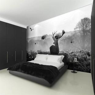 3d立体北欧麋鹿小鹿黑白灰色森林壁纸树林墙布客厅电视背景墙壁纸