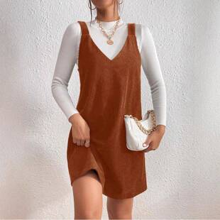 Women's Solid Color Corduroy Vest Dress without Sweater