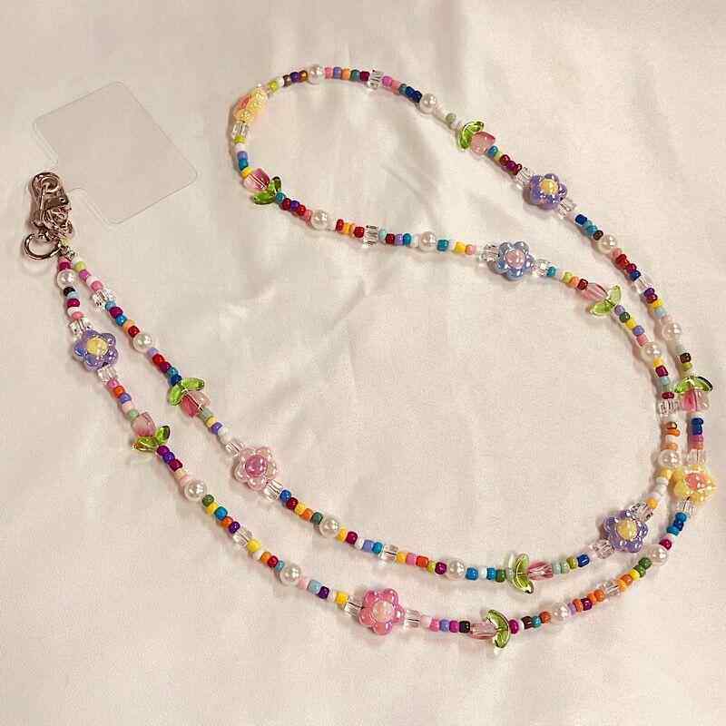 挂绳少女长款彩色郁金香花朵珠子手机串珠包包链条挂件挂饰挂链