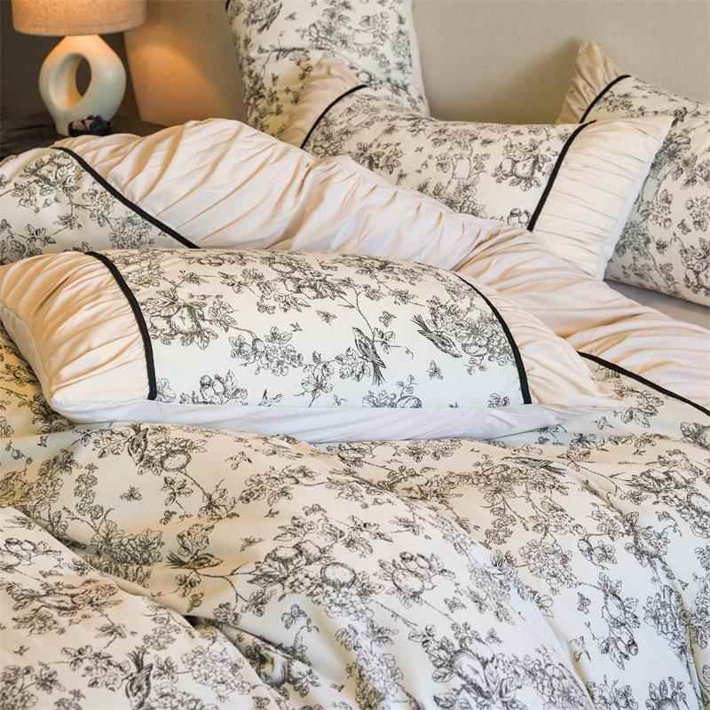 法式复水洗棉用四件套磨毛秋冬被套古罩家款ZRK花边公主风床上三