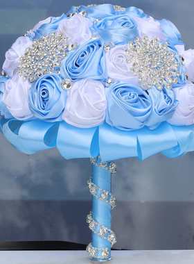 源头货源 现货浅蓝配白色手捧花水钻缎带新娘手捧花捧花W318B