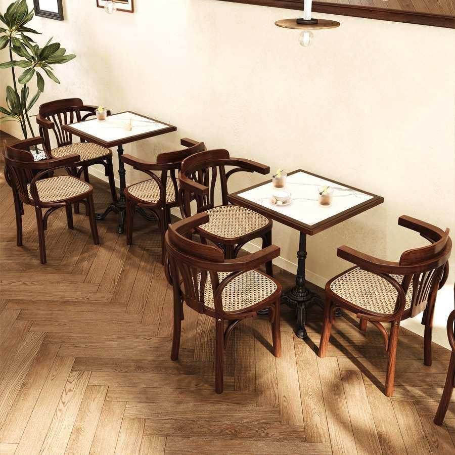 美式复古咖啡厅实木桌椅组合西餐厅实木藤编餐椅甜品烘焙店小圆桌